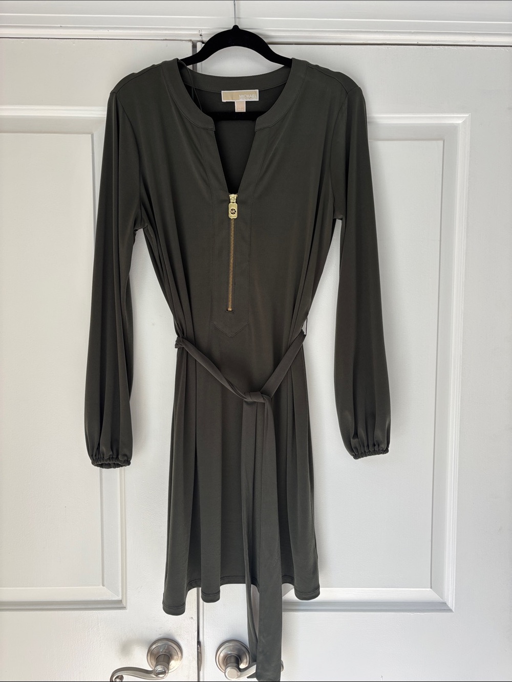 Michael Kors Olive Green Long-Sleeve Zip Front Dress with Waist Tie